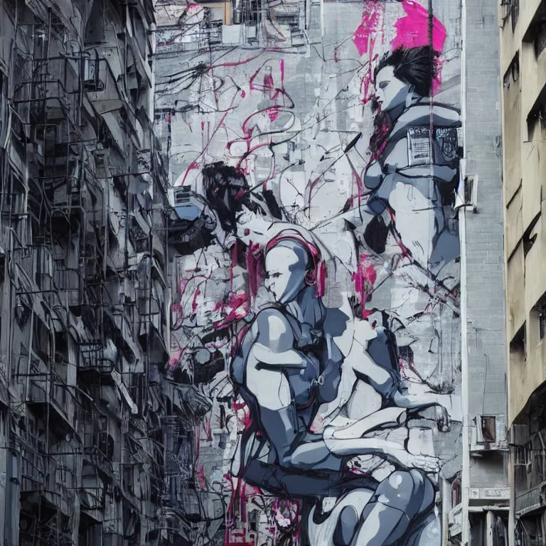 Image similar to Street-art painting of ghost in the shell is style of Banksy, photorealism