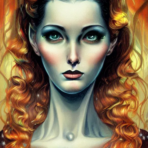 Image similar to a portrait in the style of anna dittmann and virgil finlay.