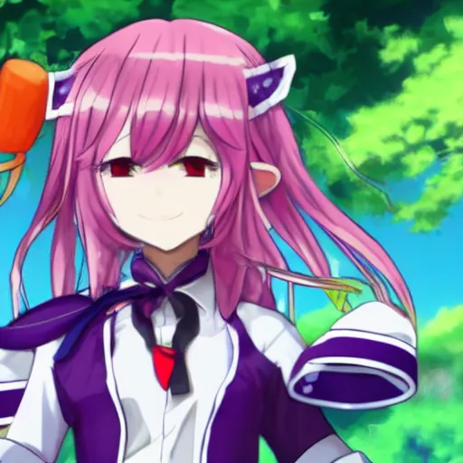 Image similar to Reisen Udongein Inaba, Touhou project, is wearing a white blouse with short sleeves, a red belt, and a blue skirt, Red eyes, long light purple hair, long rabbit ears, Wearing a white blouse, a purple skirt and a red tie, a carrot-shaped clip on the tie, circle eyes, in front, 4k, 2d, high quality, anime artist