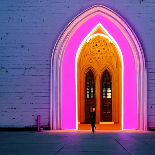 Image similar to A pink neon sign with rounded lowercase letters spelling ODOO above the front door of a cathedral