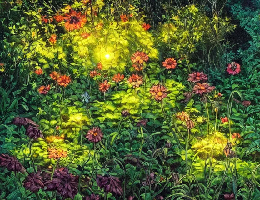 Image similar to golden ratio in the garden. oil painting by award - winning comic artist. backlighting, chiaroscuro, depth of field, luminescent colors.