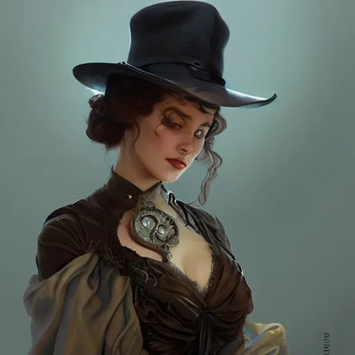 Image similar to beautiful female orson welles, portrait, western, steampunk, duster, fantasy, intricate, elegant, highly detailed, digital painting, artstation, concept art, sharp focus, illustration, art by artgerm and greg rutkowski and alphonse mucha