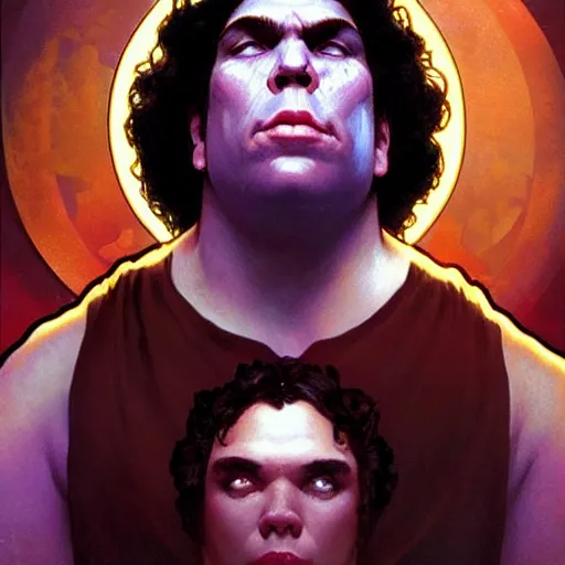 Prompt: beautiful moonlit Andre the Giant weeps at a cosmic revelation, art by artgerm and greg rutkowski and alphonse mucha