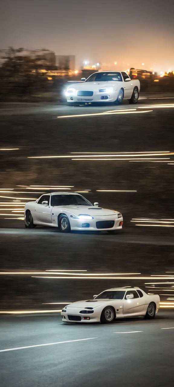 Image similar to a jdm mazda rx - 7 on a highway, cinematic, long exposure, white balance, 8 k, led, lumen global illumination, fog, ray tracing reflections