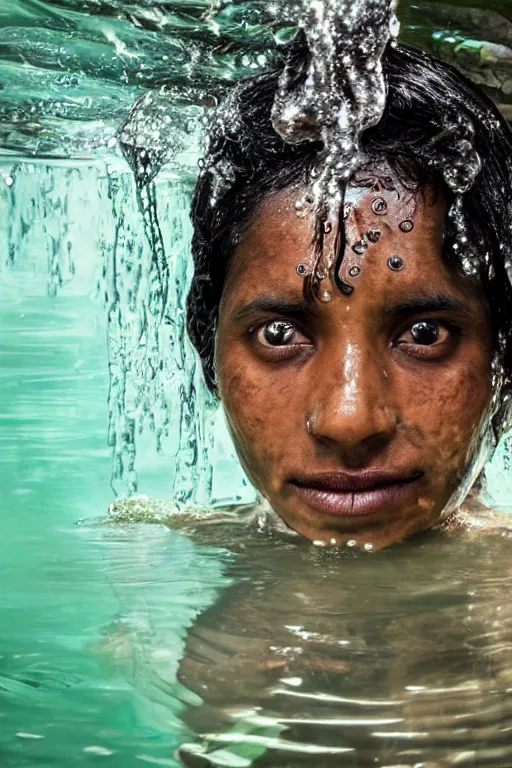 Image similar to a professional portrait photo of a sri lankan native jungle woman, submerged in water, black hair, hunter, extremely high fidelity, natural lighting