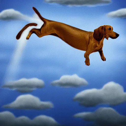 Image similar to elderly light gray wire-haired dachshund with long hair floating in heaven, jumping through blue sky, white clouds