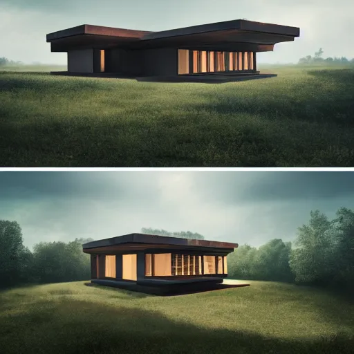 Image similar to rectangular modernist house inspired by a tibetan palace, surrounded by thick collumns, two levels, in a field, big trees, clouds, dramatic lighting, artstation, matte painting, raphael lacoste, simon stalenhag, frank lloyd wright, drone view