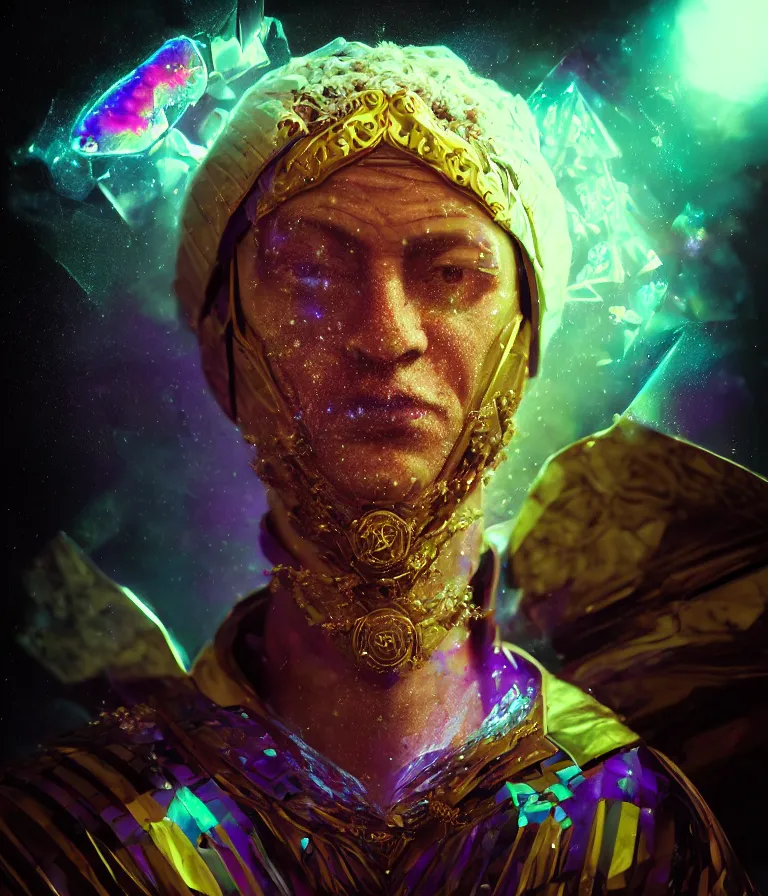 Image similar to impressive sublime front!! shot photo of a court jester character fine portrait fine portrait mesmerizing fractal hyper cubes platinum cracked dark future hyper dimensional space galactic crystal nebula edges elegant detailed intricate concept artstation sharp focus ray tracing cinematic masterpiece temporal corruption beeple wlop germ 8 4 k scifi glossy hyper realistic illustration canon eos r 3 fujifilm x - t 3 0 sony alpha a 6 6 0 0