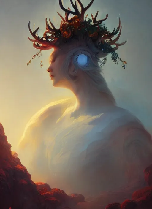 Image similar to Gigantic Stone Deity with a halo made of fluorescent mushrooms and antlers, flowing robes, extremly detailed digital painting, in the style of Fenghua Zhong and Ruan Jia and jeremy lipking and Peter Mohrbacher, mystical colors, rim light, beautiful lighting, 8k, stunning scene, raytracing, octane, trending on artstation
