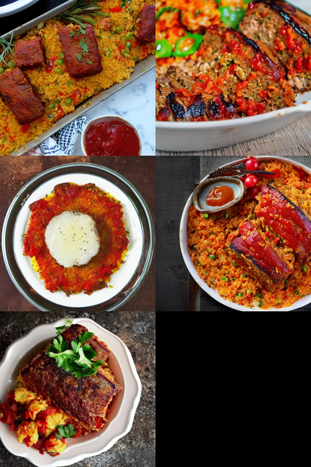 Prompt: delicious paella meatloaf with ketchup, food blog photo