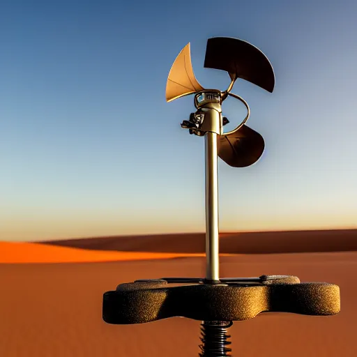 Image similar to peaceful mobile biomimetic rugged anemometer station sensor antenna on all terrain tank wheels, for monitoring the australian desert, XF IQ4, 150MP, 50mm, F1.4, ISO 200, 1/160s, dawn, golden ratio, rule of thirds