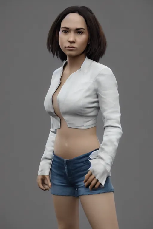 Prompt: Zoe Castillo from videogame Dramfall Chapters and the larguest journey , photorealism, full body, white ambient background, unreal engine 5, hyperrealistic, highly detailed, XF IQ4, 150MP, 50mm, F1.4, ISO 200, 1/160s, natural light, Adobe Lightroom, photolab, Affinity Photo, PhotoDirector 365, realistic