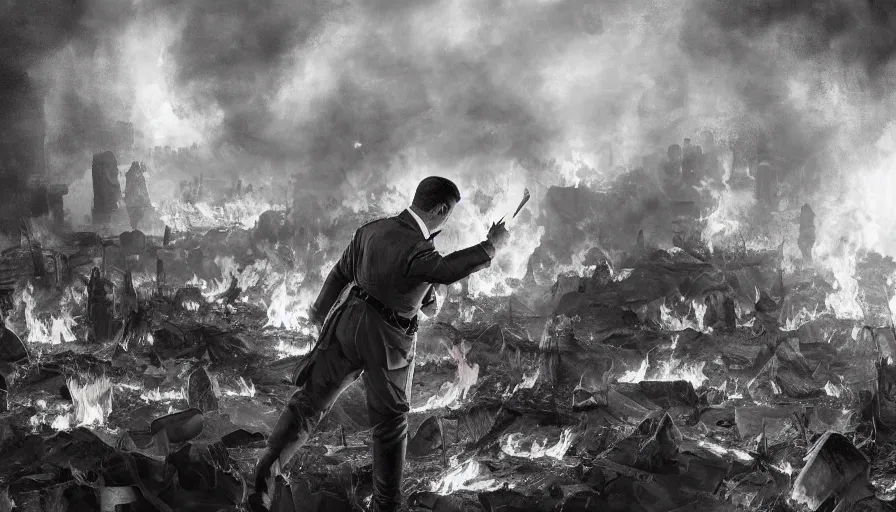 Image similar to Adolf Hitler burning in Hell, hyperdetailed, artstation, cgsociety, 8k