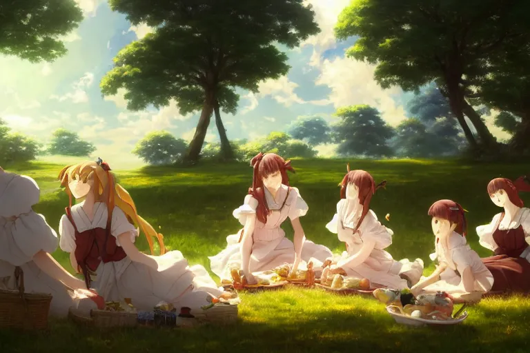 Image similar to baroque oil painting of anime key visual concept art of anime maids having a picnic in rolling green plains, sunrays breaking through clouds, grimdark steampunk high fantasy, trending on artstation, brush strokes, oil on canvas, style of makoto shinkai and greg rutkowski and studio ghibli