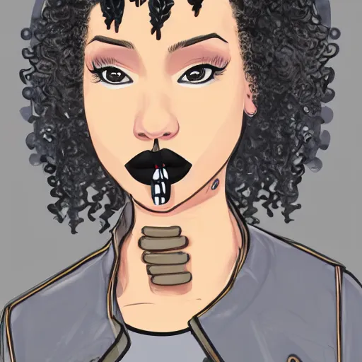 Prompt: illustration of a mixed woman with a septum piercing, short curly hair, winged eyeliner, black beanie, black bomber jacket, goth aesthetic, trending on artstation