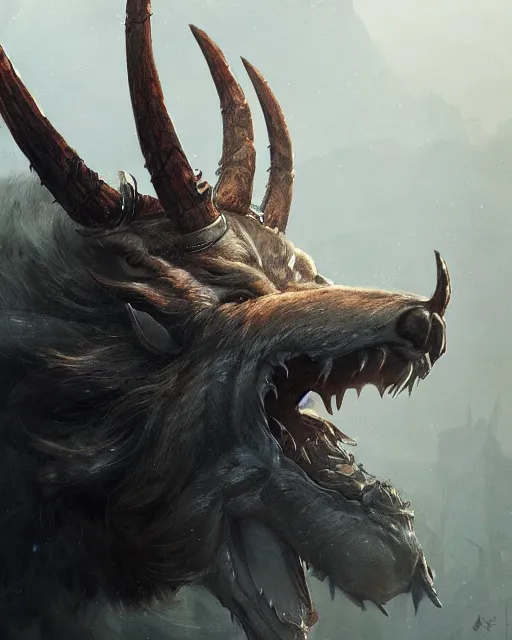 Image similar to A minotaur as a wolf, terrifying face, highly detailed face, close-up, fantasy art, monster art, in the style of greg rutkowski, illustration, epic, fantasy, intricate, hyper detailed, artstation, concept art, smooth, sharp focus, ray tracing