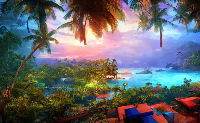 Image similar to a tropical resort in a jungle paradise, with a beautiful red and blue sunset, dynamic lighting, photorealistic fantasy concept art, trending on art station, stunning visuals, creative, cinematic, ultra detailed, ray tracing, sun rays, native tribes, wonderous waters, amazing detail