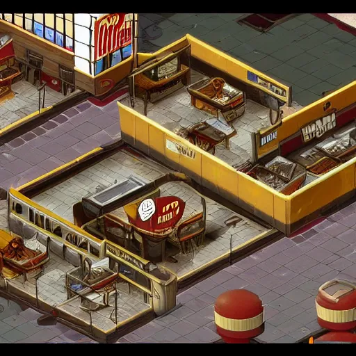 Image similar to Screenshot of McDonald restaurant in Fallout 2 (1998), isometric perspective, postapocalyptic, bird's eye view, high quality