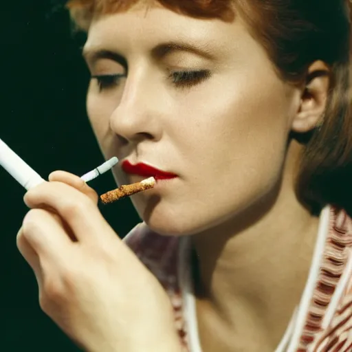 Prompt: Close-up portrait photo of woman smoking a cigarette, retro, kodak film photo