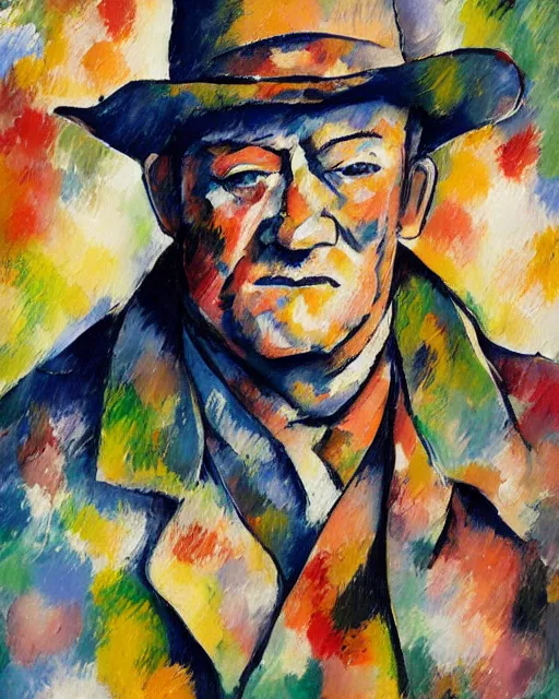 Prompt: abstracted John Wayne painted in extremely thick, muted impasto splatter paint, in muted colors, in impressionist style of Paul Cézanne