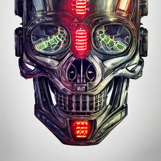 Prompt: a cyborg armour robocop skull made of intricate complex circuitry and microchips, red glow, iridescent, colorful, intricate linework, realistic oil painting, rutkowski, wlop, chebokha, artgerm