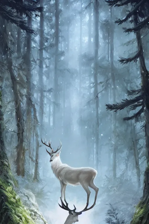 Image similar to Magical White Stag in the distance, lush evergreen forest, vivid colors, night scene, 4K, character concept art, oil painting, digital painting, painterly, cinematic lighting, rule of thirds, trending in artstation, cgsociety, by anato finnstark, Artgerm, Greg Rutkowski, Joseph Christian Leyendecker