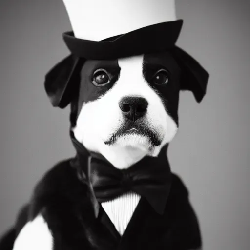 Prompt: an upper class dog wearing a tuxedo and a top hat. photograph