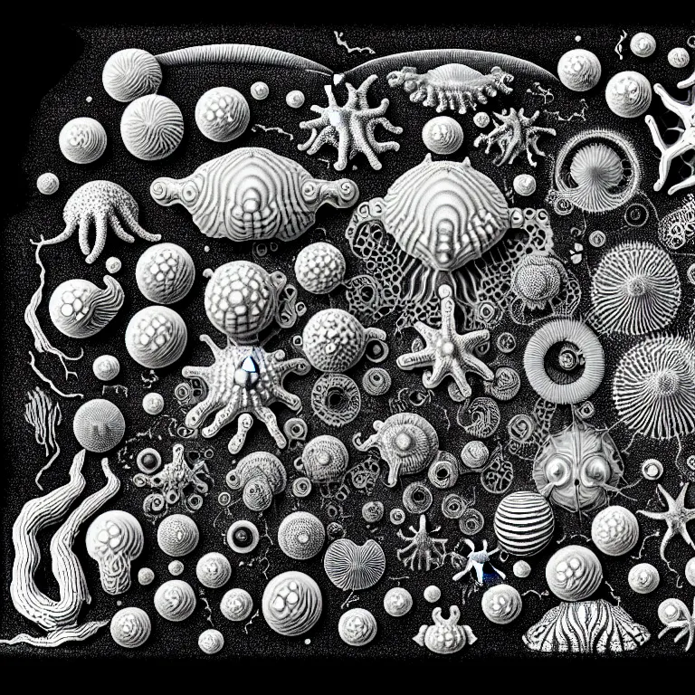 Prompt: a black and white drawing of a variety of sea life and filled with gundam mech equipment space station, a microscopic photo by ernst haeckel, zbrush central, kinetic pointillism, bioluminescence, biomechanical, intricate patterns, photoillustration