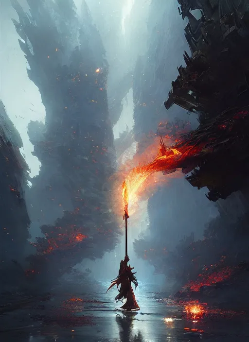 Image similar to 4k , fire sword, art by greg rutkowski, art by craig mullins, art by thomas kincade, art by Yoshitaka Amano