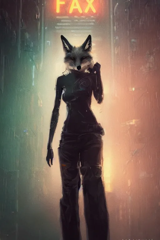Prompt: gorgeous portrait of a tall beautiful white female anthro fox smoking a cigarette towering head and shoulders above the bustling crowd of a rainy city street around her, goth punk clothes, cyberpunk, harsh neon lights, highly detailed, sharp focus, digital painting, illustration, trending on artstation, art by sakimichan, wlop, greg rutkowski