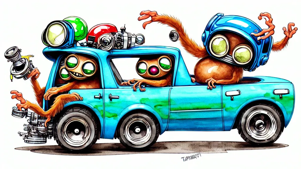 Image similar to cute and funny, tarsier wearing a helmet riding in a hot rod with oversized engine, ratfink style by ed roth, centered award winning watercolor pen illustration, isometric illustration by chihiro iwasaki, edited by range murata, tiny details by artgerm and watercolor girl, symmetrically isometrically centered