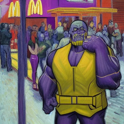 Prompt: Thanos waiting in line at a McDonalds, Post-impressionism