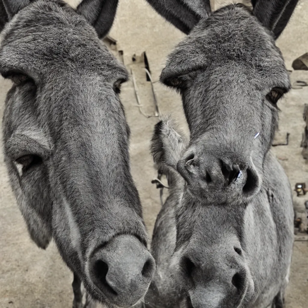 Prompt: ultra sharp portrait of an evil donkey that is aggressively looking into the camera, oil painting, highly realistic, highly detailed, medium shot, low angle, dramatic lighting, picture of the year award, deep cyberpunk mechanoid, sharp focus, 4 k, ultra hd,