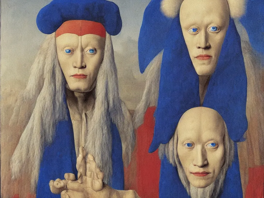 Image similar to Portrait of albino mystic with blue eyes, with beautiful simple Oceanian mask. Painting by Jan van Eyck, Audubon, Rene Magritte, Agnes Pelton, Max Ernst, Walton Ford