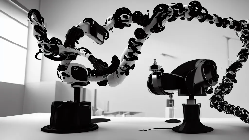 Image similar to a complex bifurcated robotic cnc surgical arm hybrid mri 3 d printer machine making swirling black and white ceramic mandlebulb mutant forms in the laboratory inspection room, film still from the movie directed by denis villeneuve with art direction by salvador dali, wide lens, f 3 2, cinematic lighting, studio quality, smooth render, unreal engine 5 rendered, octane rendered