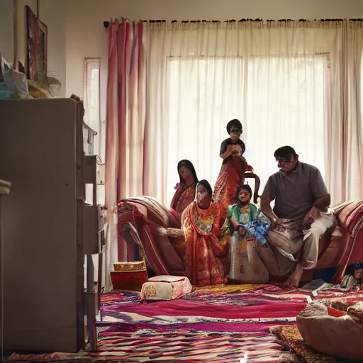 Image similar to a cinematic photograph of an Indian family inside their suburban house, by Gregory Crewdson, shot on phase one large format digital camera, natural lighting, 8K,