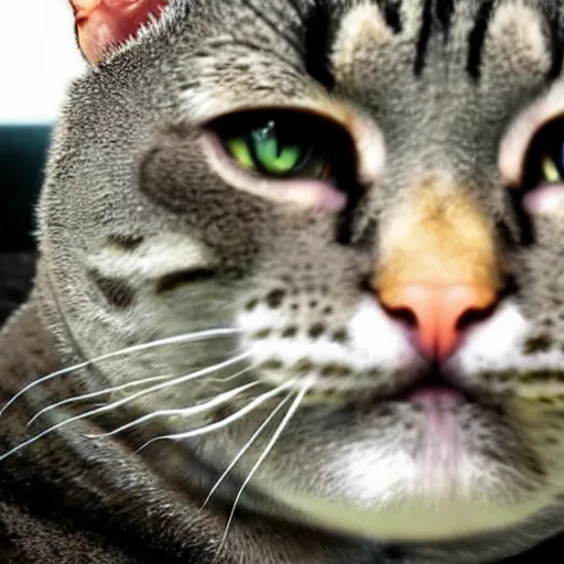 Image similar to dwayne the rock johnson as a cat, close-up portrait, cctv footage video recording