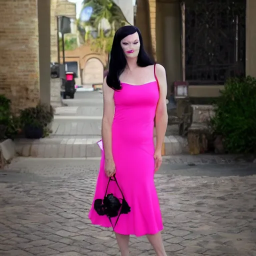 Image similar to morticia adams wearing a pink dress