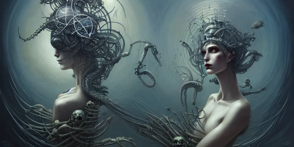 Image similar to shkkeled in the voied, by hr giger and cgsociety. stunning goddess of speed charlie bowater and tom bagshaw, insanely detailed, artstation, space art. atoms surrounded by skulls and spirits deep under the sea, horror, sci - fi, surrealist painting, by peter mohrbacher anato finnstark