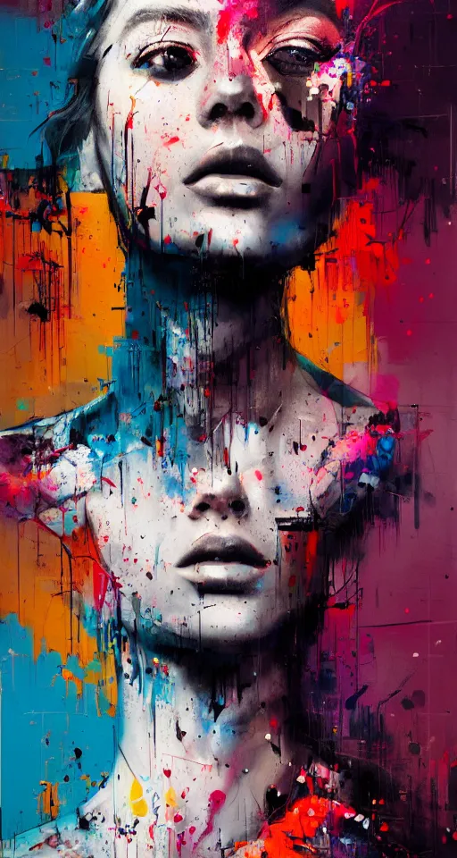 Prompt: portrait in the city, beautiful female shape, face symmetry, nice pose, rule of thirds, eye symmetry, colourful spray paint splatters, expressive, abstract art, by greg rutkowski, by jeremy mann, by francoise nielly, 4 k, 8 k, correct body proportion, cinematic style, female shape