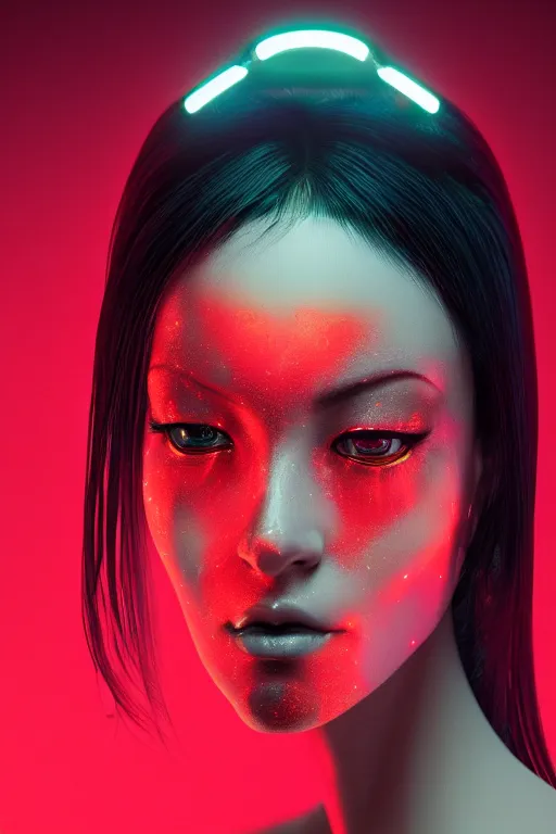 Prompt: cyber geisha by Ash Thorp and Andrei Riabovitchev, red green LED lights, extremely beautiful and proportionate face, sharp focus, hyper detailed, octane render, biomechanical