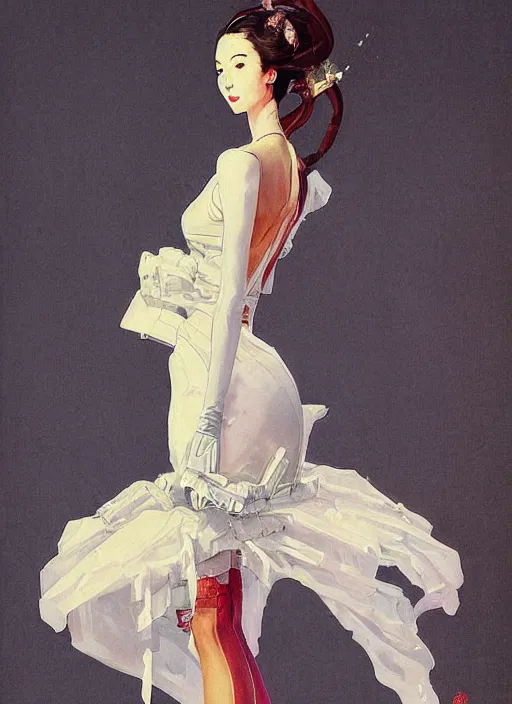 Image similar to a low angle copic maker art nouveau portrait of a japanese futuristic skinny russian beautiful girl detailed features wearing a latex wedding dress with a puffy skirt designed by balenciaga by john berkey, norman rockwell akihiko yoshida