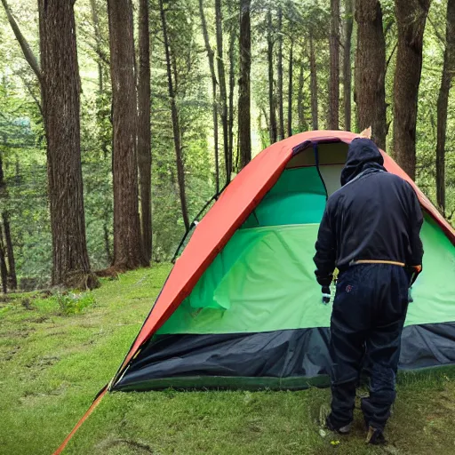 Image similar to man spray painting a camping tent