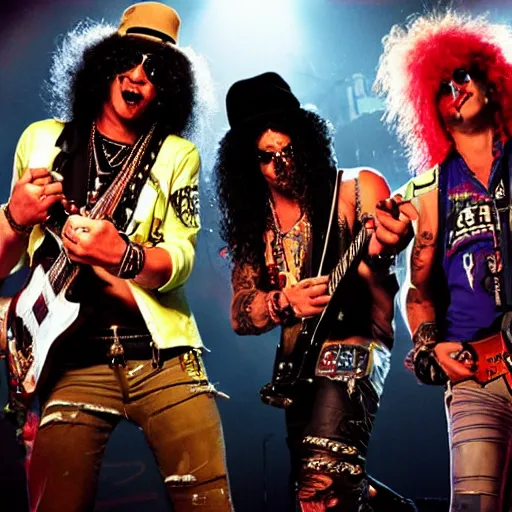 Prompt: a photo realistic of slash of guns and roses in a weird party