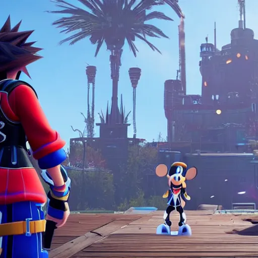 Image similar to Kingdom Hearts 3 as a First Person Shooter game with a HUD, Fallout 4 inspired screenshot of kingdom hearts 3, unreal engine 4, stunning visuals with rtx on, trending on artstation, Disney Square Enix and Fortnite Crossover