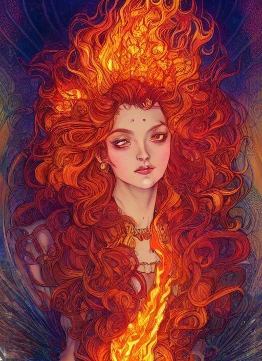 Image similar to Fire Goddess, hair made out of flames, ambient lighting, 4k, josephine wall, alphonse mucha, lois van baarle, ilya kuvshinov, rossdraws, artstation