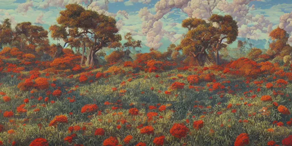 Image similar to landscape painting at noon by james jean and David Schnell painted with big brushstrokes, rendering, redshift, no mans land style