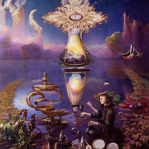 Prompt: Alchemists dream with magical reflections of knowledge lost in time ultra high quality surrealism