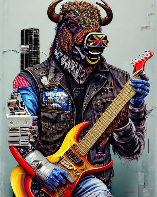 Image similar to a portrait of an anthropomorphic cyberpunk bison shredding an electric guitar by sandra chevrier, by jon foster, detailed render, tape deck, epic composition, cybernetics, 4 k realistic, cryengine, realistic shaded lighting, sharp focus, masterpiece, by enki bilal