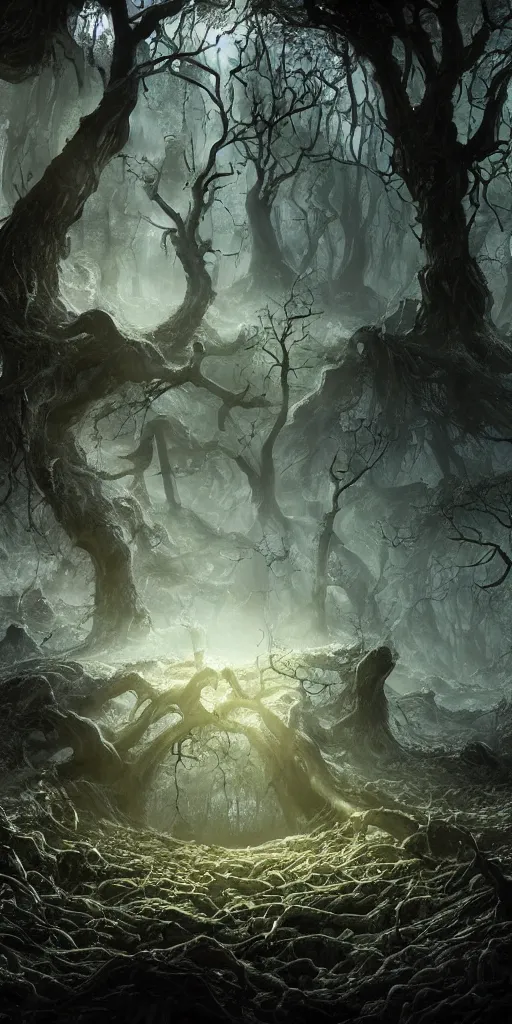 Prompt: a mysterious vast sinkhole, a hole in the ground, an ancient forest of gnarled trees, an ecological gothic scene, a bewitching darkness, witch runes in the deep forest surrounding the sinkhole, magical clearing, sunshafts, dramatic lighting, dust motes floating in the sunlight, 4 k concept art